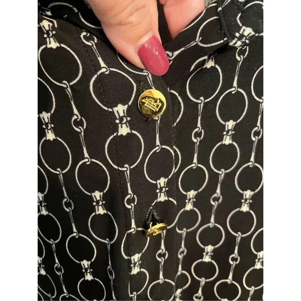 Lauren Ralph Lauren Black Equestrian Print 1/2 Button Belted Slinky Shirt Dress
